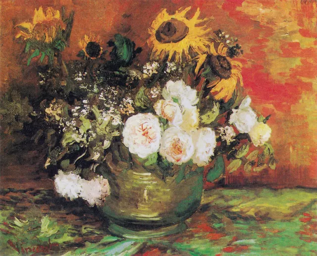**Bowl With Sunflowers Roses And Other Flowers (1886)**

Vincent van Gogh
[Source](https://www.rawpixel.com/image/3868940/illustration-image-flower-art-vincent-van-gogh)