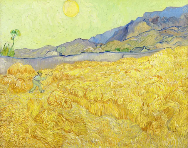 **Wheatfield with a reaper (1889)**

Vincent van Gogh
[Source](https://www.rawpixel.com/image/8627681/image-texture-vincent-van-gogh-watercolor)