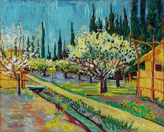 **Orchard Bordered by Cypresses (1888)**

Vincent van Gogh
[Source](https://www.rawpixel.com/image/537431/free-illustration-image-van-gogh-landscape-painting)