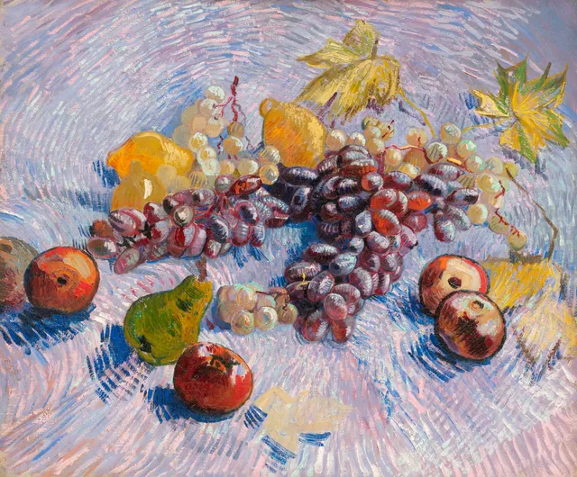**Grapes, Lemons, Pears, and Apples (1887)**

Vincent van Gogh
[Source](https://www.rawpixel.com/image/537417/free-illustration-image-van-gogh-grapes)