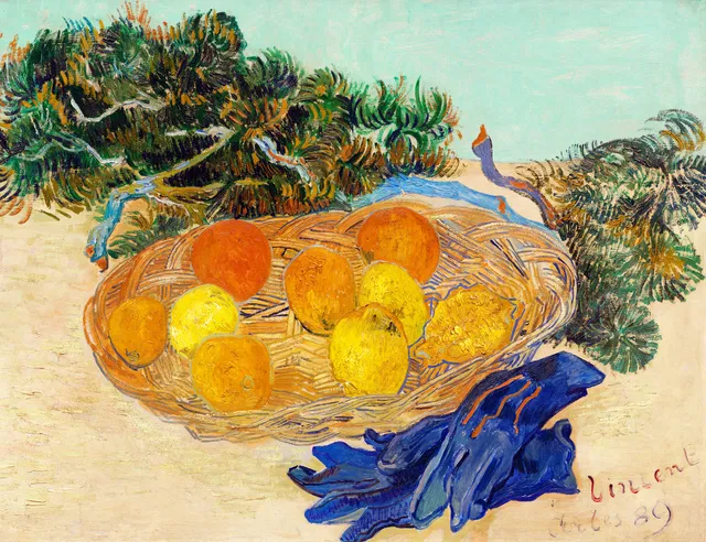 **Still Life of Oranges and Lemons with Blue Gloves (1889)**

Vincent van Gogh
[Source](https://www.rawpixel.com/image/930530/fruit-still-life-painting-van-gogh)